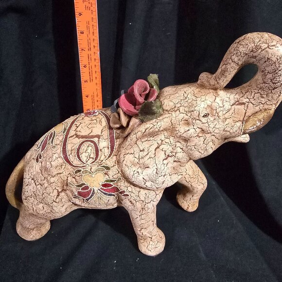 Decorative Hand-Painted Elephant Figurine With Floral Accents & Crackled Texture - Picture 1 of 9